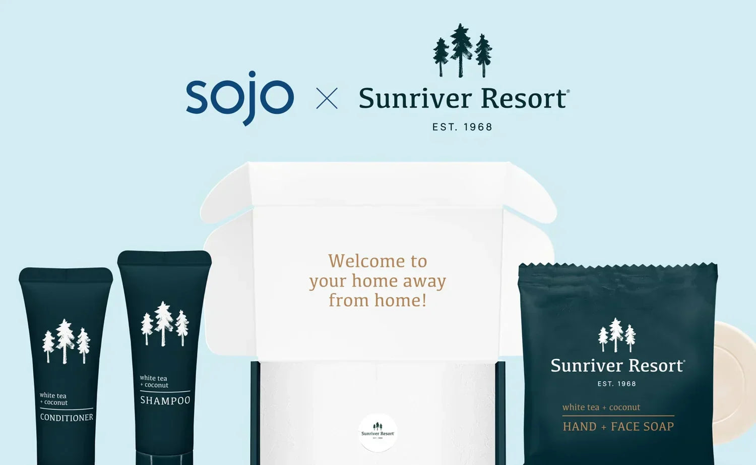 Sunriver Resort guest toiletries, shampoo, conditioner, soap, and welcome box on blue background by sojo