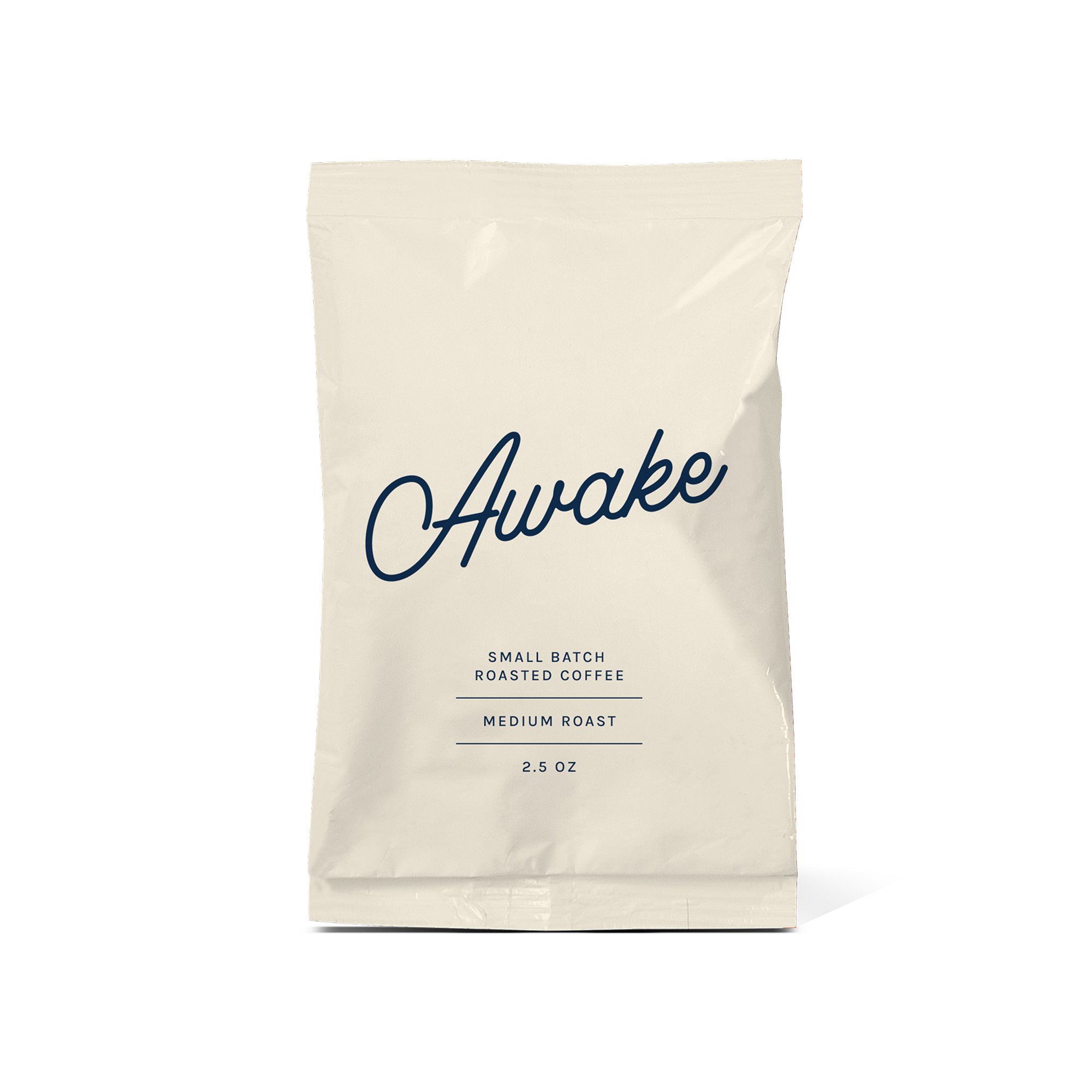 sojo's awake coffee blend, 2.5oz bag in cream color with the word awake" written in cursive in navy blue.