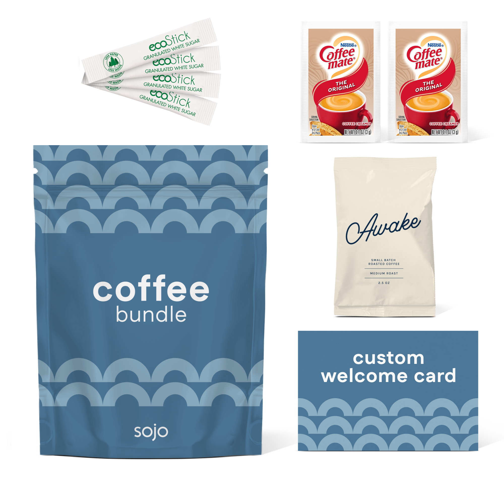 sojo coffee bundle kit featuring a blue pouch, four Eco Stick sugar sticks, two Coffee-Mate creamer packets, one bag of sojo's Awake coffee blend, and a custom blue welcome card.
