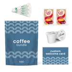 sojo coffee bundle kit featuring a blue pouch, four Eco Stick sugar sticks, two Coffee-Mate creamer packets, two of sojo's Awake coffee blend k-cups, and a custom blue welcome card.
