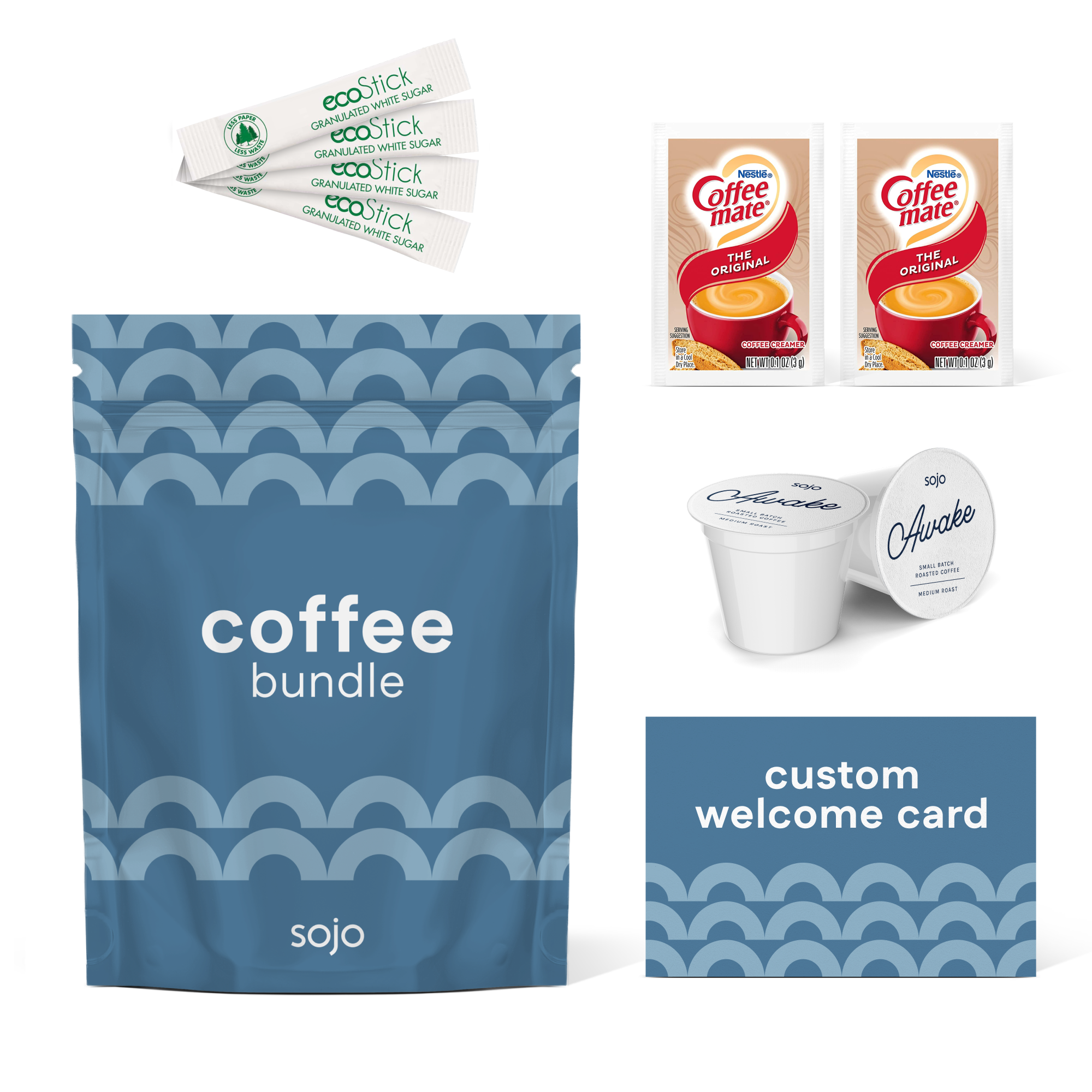 sojo coffee bundle kit featuring a blue pouch, four Eco Stick sugar sticks, two Coffee-Mate creamer packets, two of sojo's Awake coffee blend k-cups, and a custom blue welcome card.