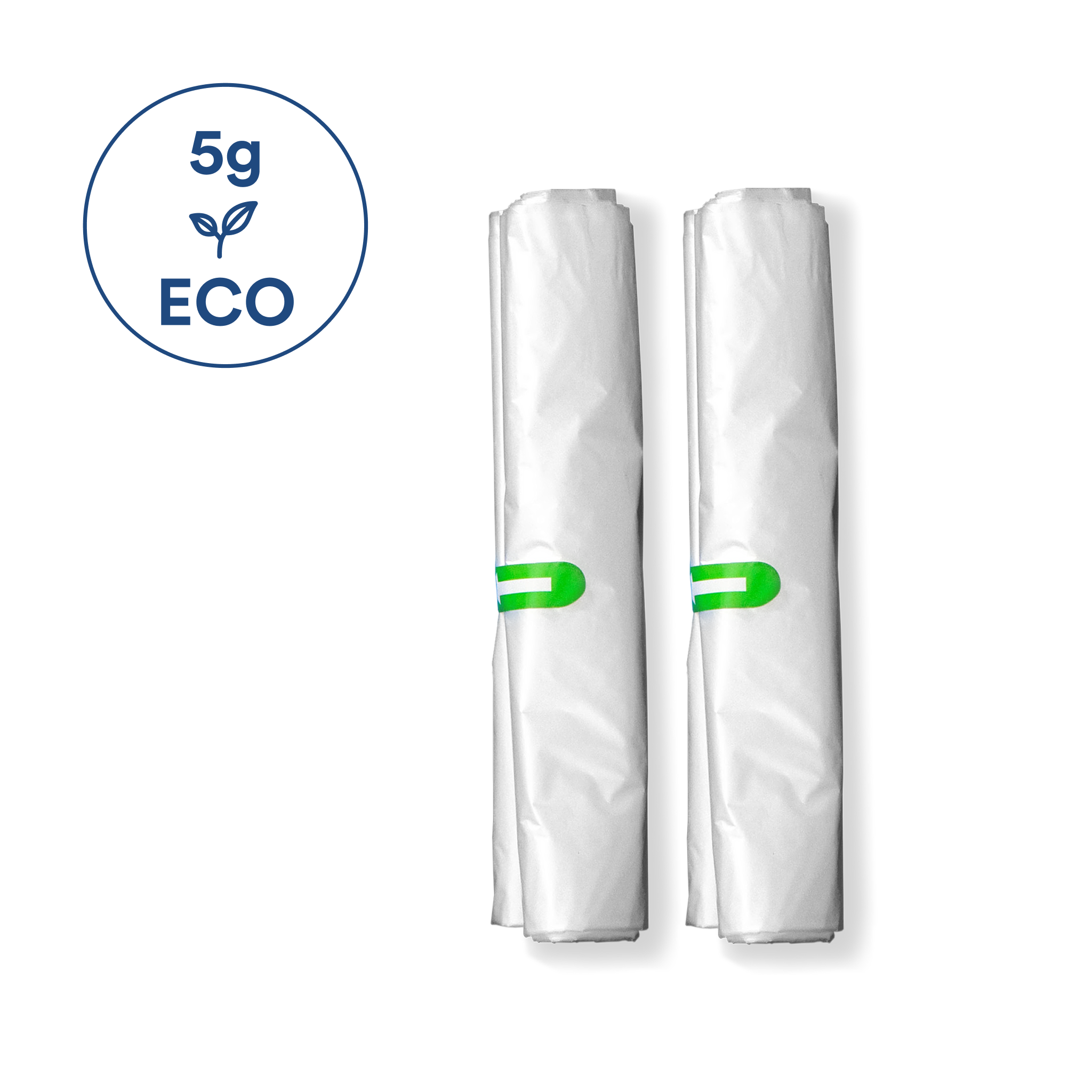 Two 5-gallon white eco trash bags folded 