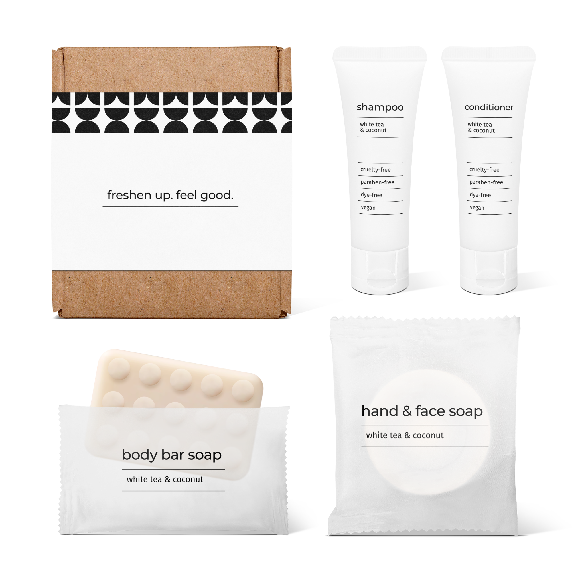Bathroom essentials kit with shampoo, conditioner, body bar soap, and hand and face soap in a bag.