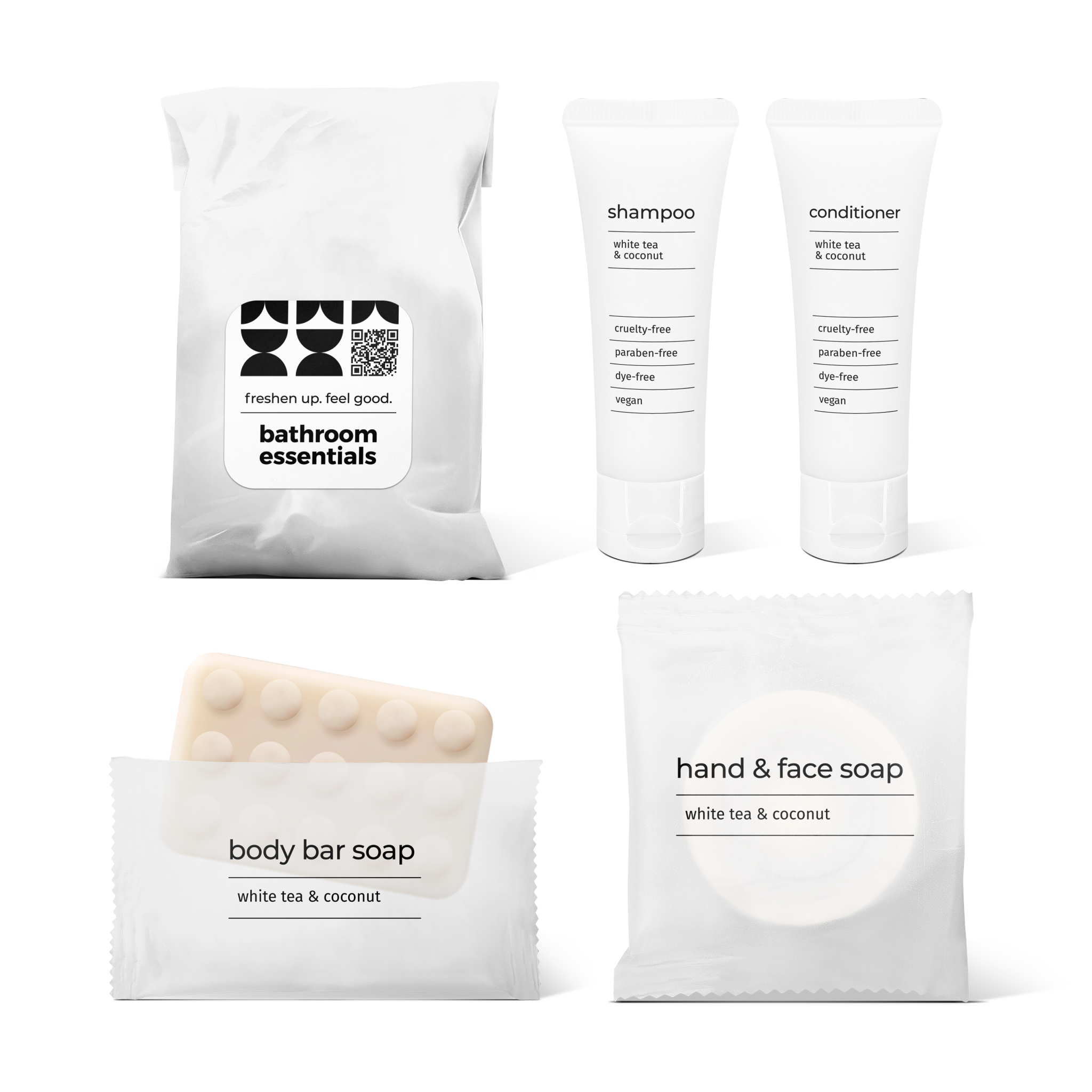 Bathroom essentials kit with shampoo, conditioner, body bar soap, and hand and face soap in a bag.