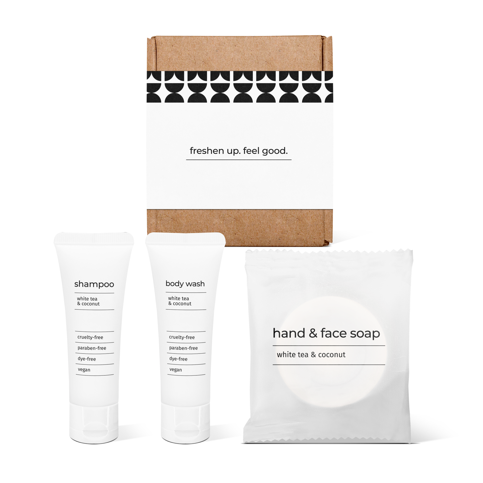 Full bath amenity essentials kit featuring shampoo, body wash, and hand and face soap in a box.