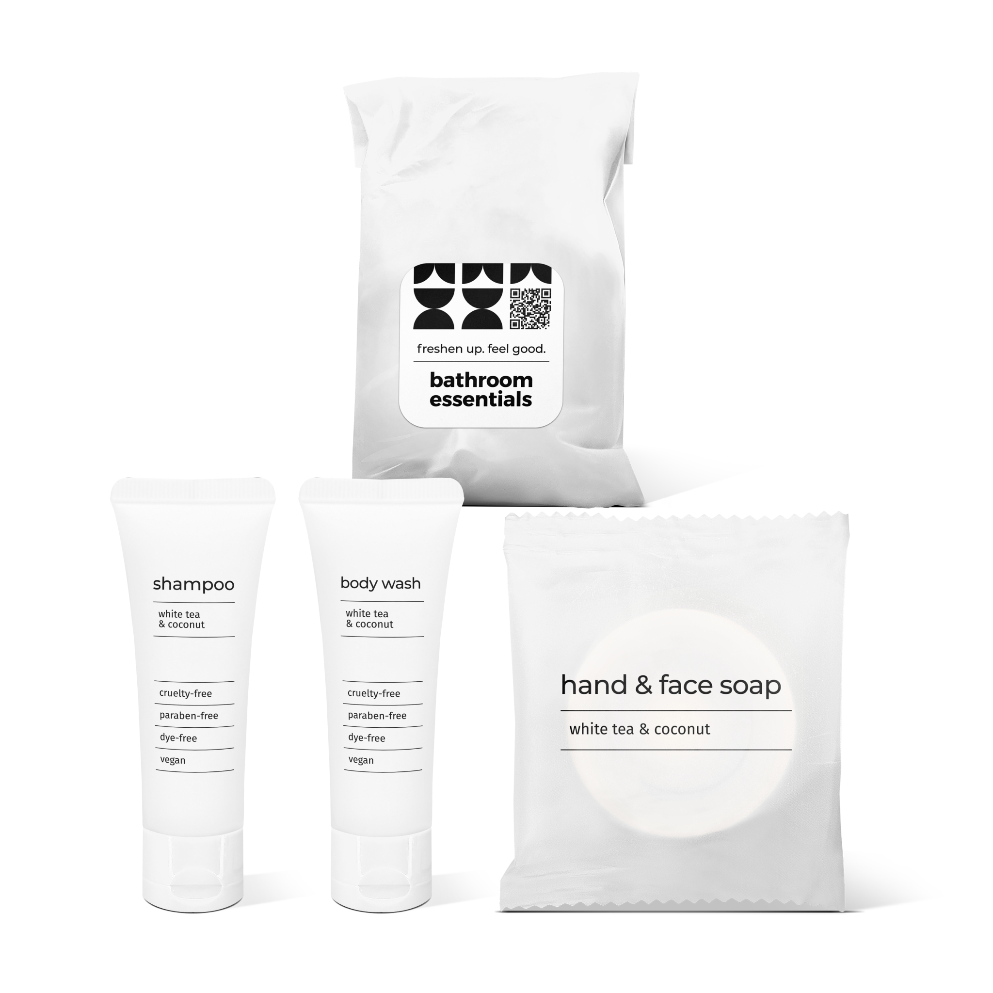 Full bath amenity essentials kit featuring shampoo, body wash, and hand and face soap in a bag.