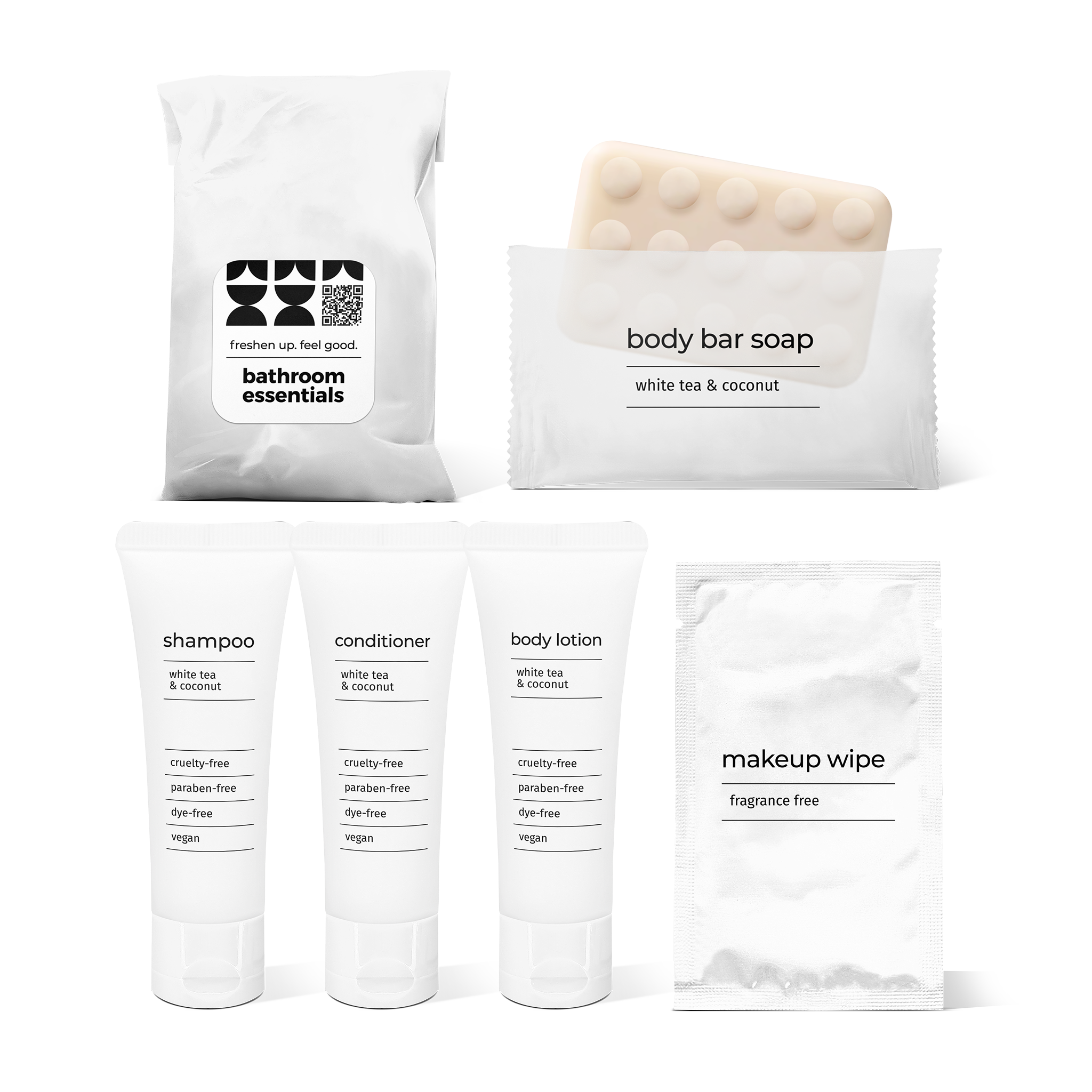 Bathroom amenities kit including shampoo, conditioner, body lotion, body bar soap, and makeup wipe in a bag.