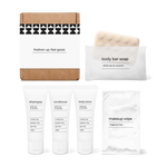 Bathroom amenities kit including shampoo, conditioner, body lotion, body bar soap, and makeup wipe in a box.