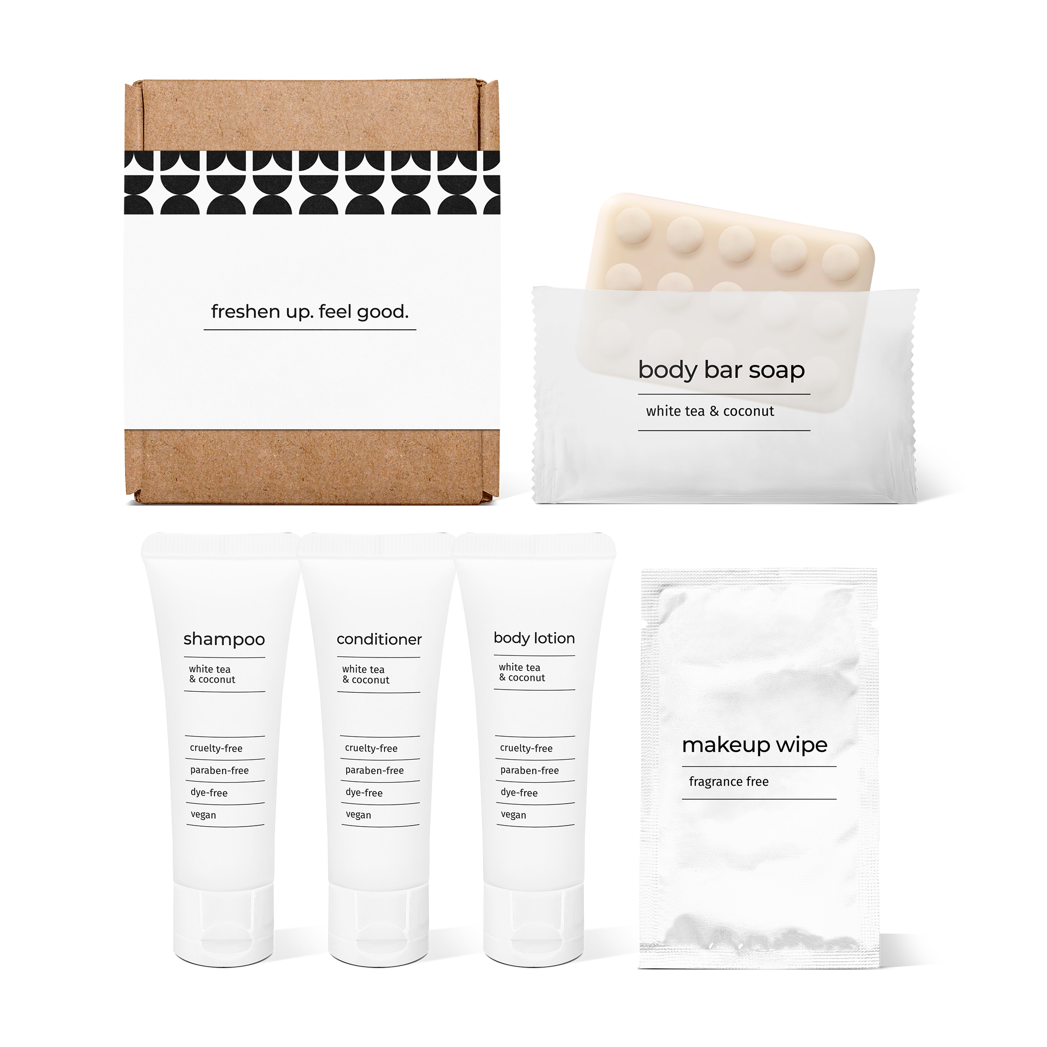Bathroom amenities kit including shampoo, conditioner, body lotion, body bar soap, and makeup wipe in a box.