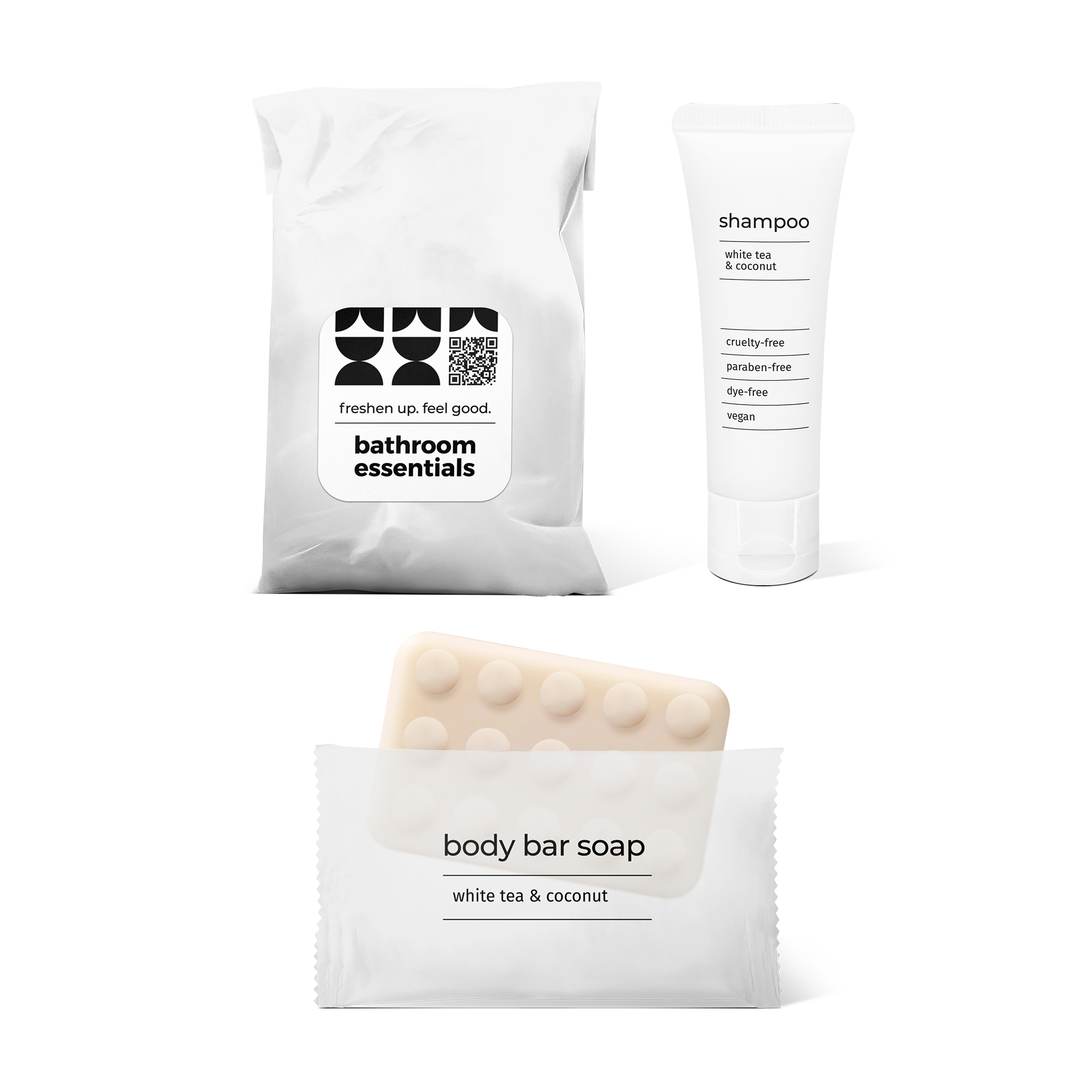 Lite bathroom essentials kit with shampoo and body bar soap in a bag.