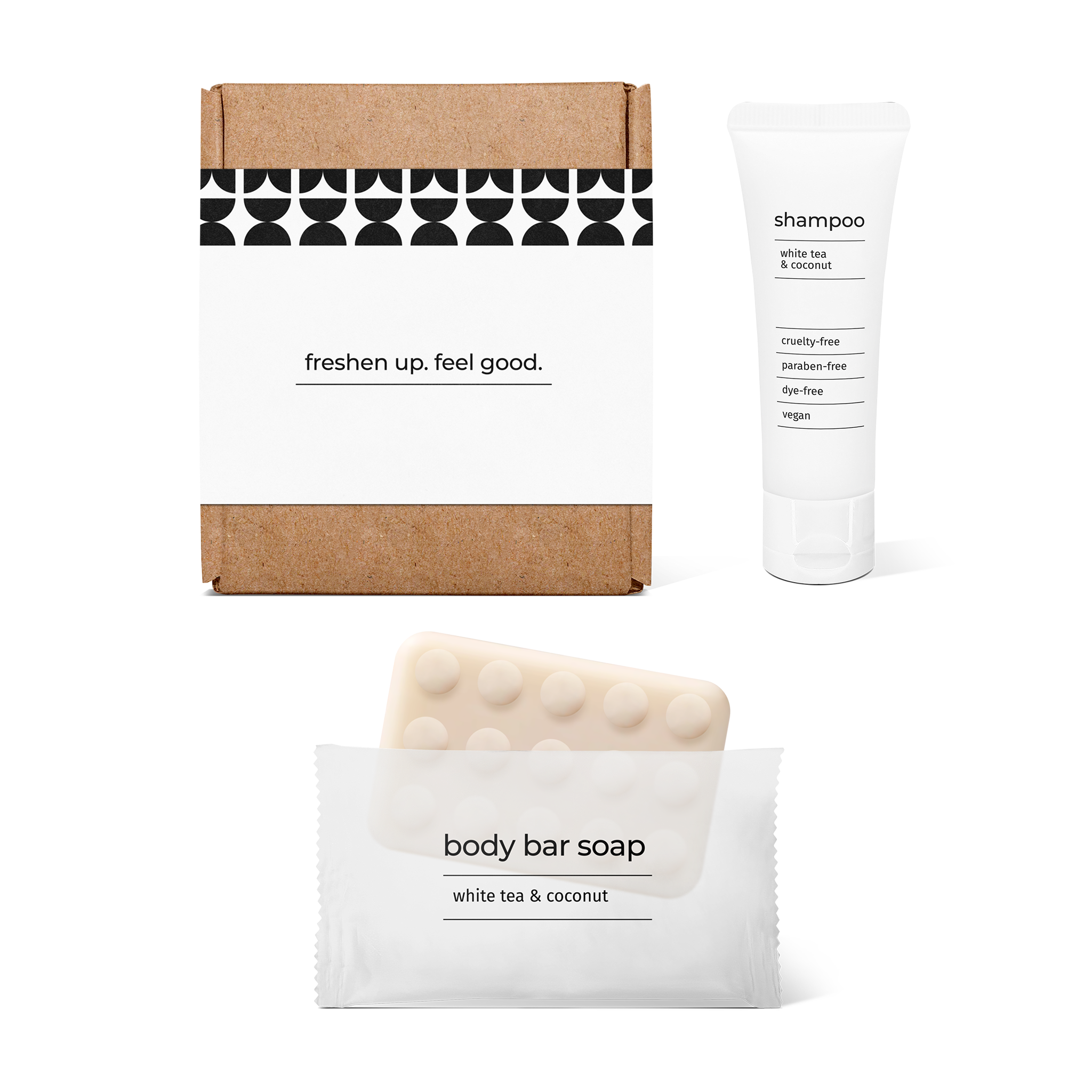Full bath amenity essentials kit with shampoo and body bar soap in a box.