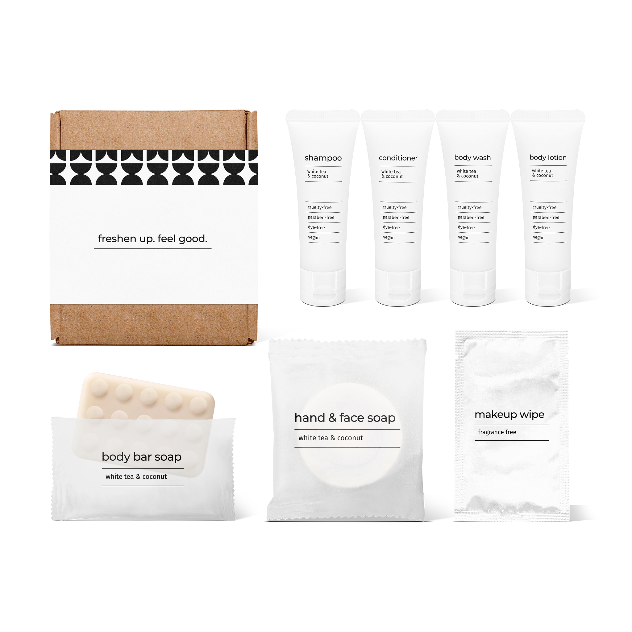 Bathroom amenities kit including shampoo, conditioner, body wash, body lotion, body bar soap, hand and face soap, and makeup wipe in a box.