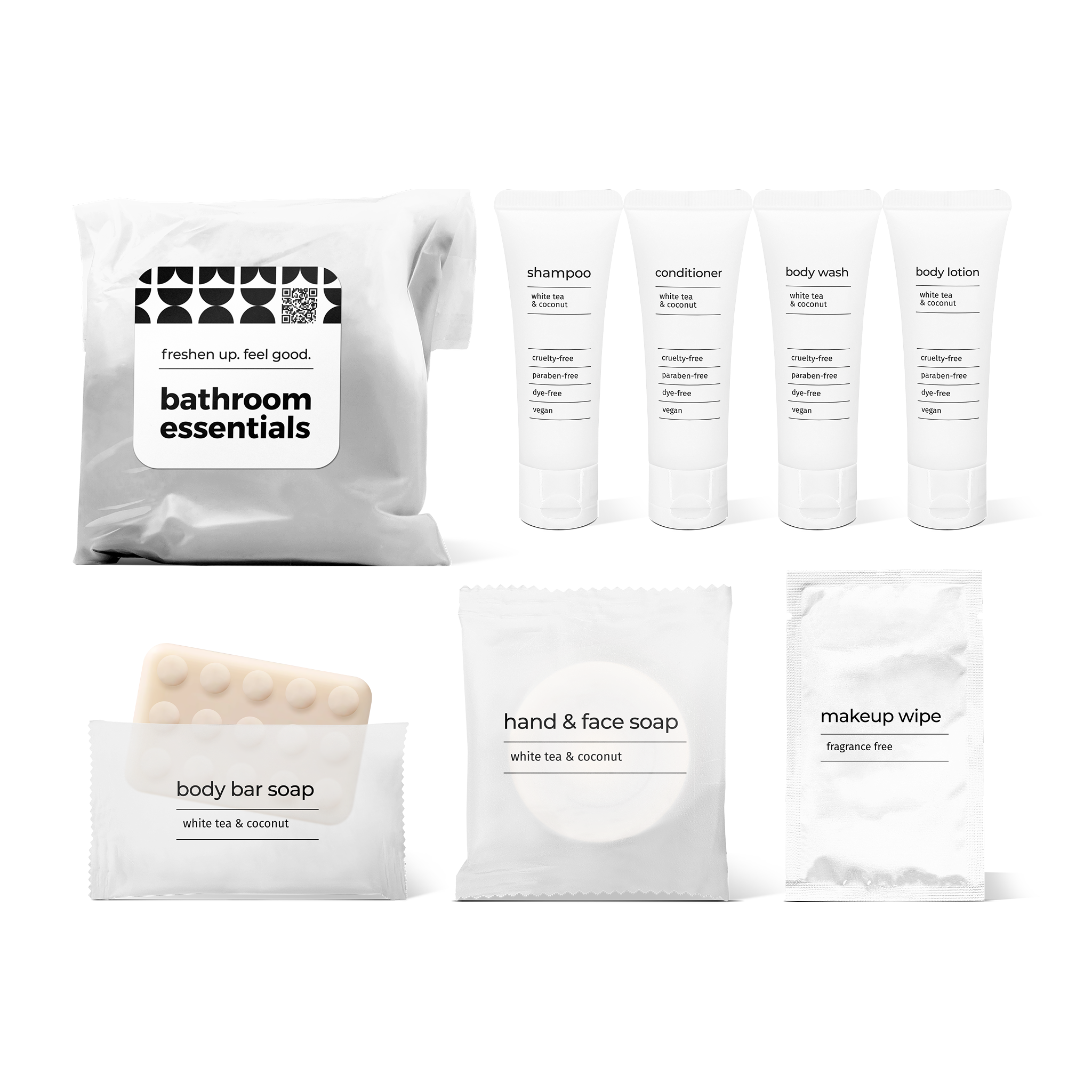 Bathroom amenities kit including shampoo, conditioner, body wash, body lotion, bar soap, hand and face soap, and makeup wipe in a bag.
