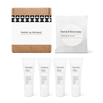 Bathroom essentials kit with shampoo, conditioner, body wash, body lotion, hand and face soap in a box.