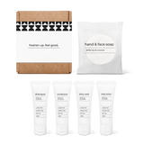 Bathroom essentials kit with shampoo, conditioner, body wash, body lotion, hand and face soap in a box.
