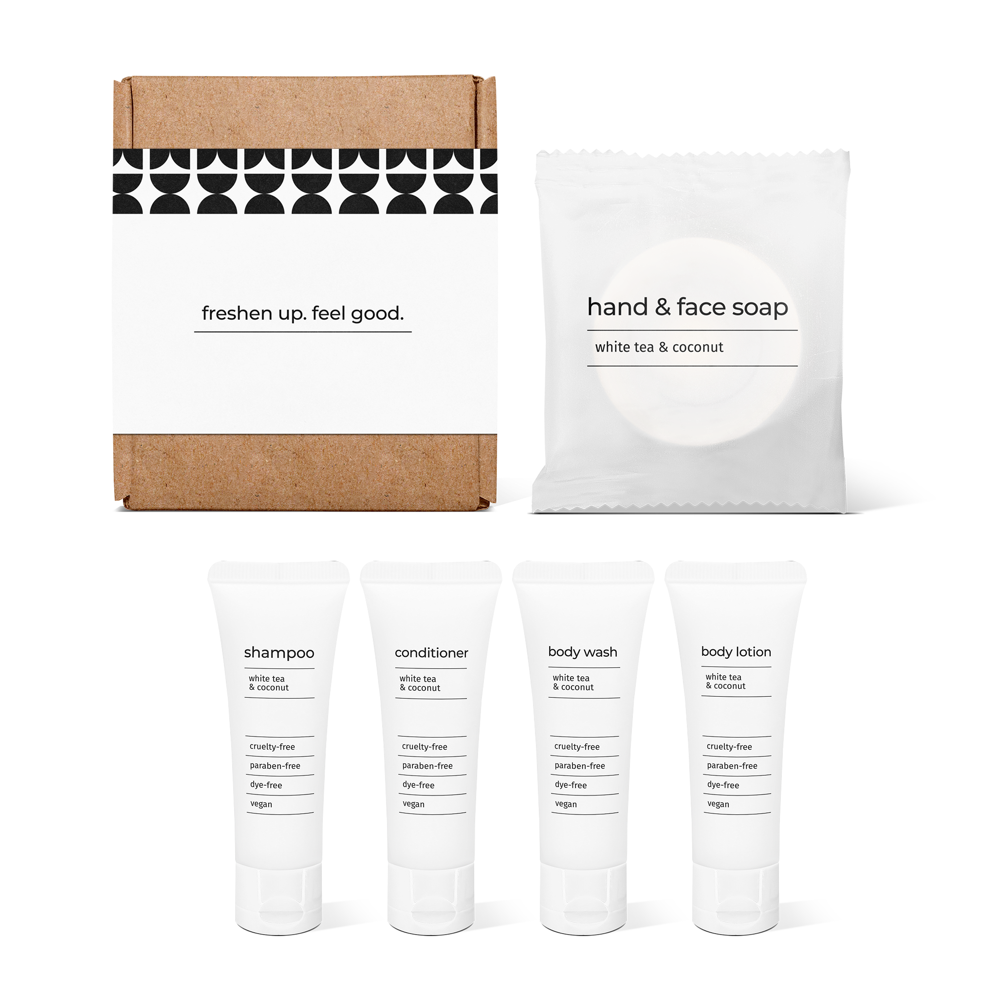 Bathroom essentials kit with shampoo, conditioner, body wash, body lotion, hand and face soap in a box.