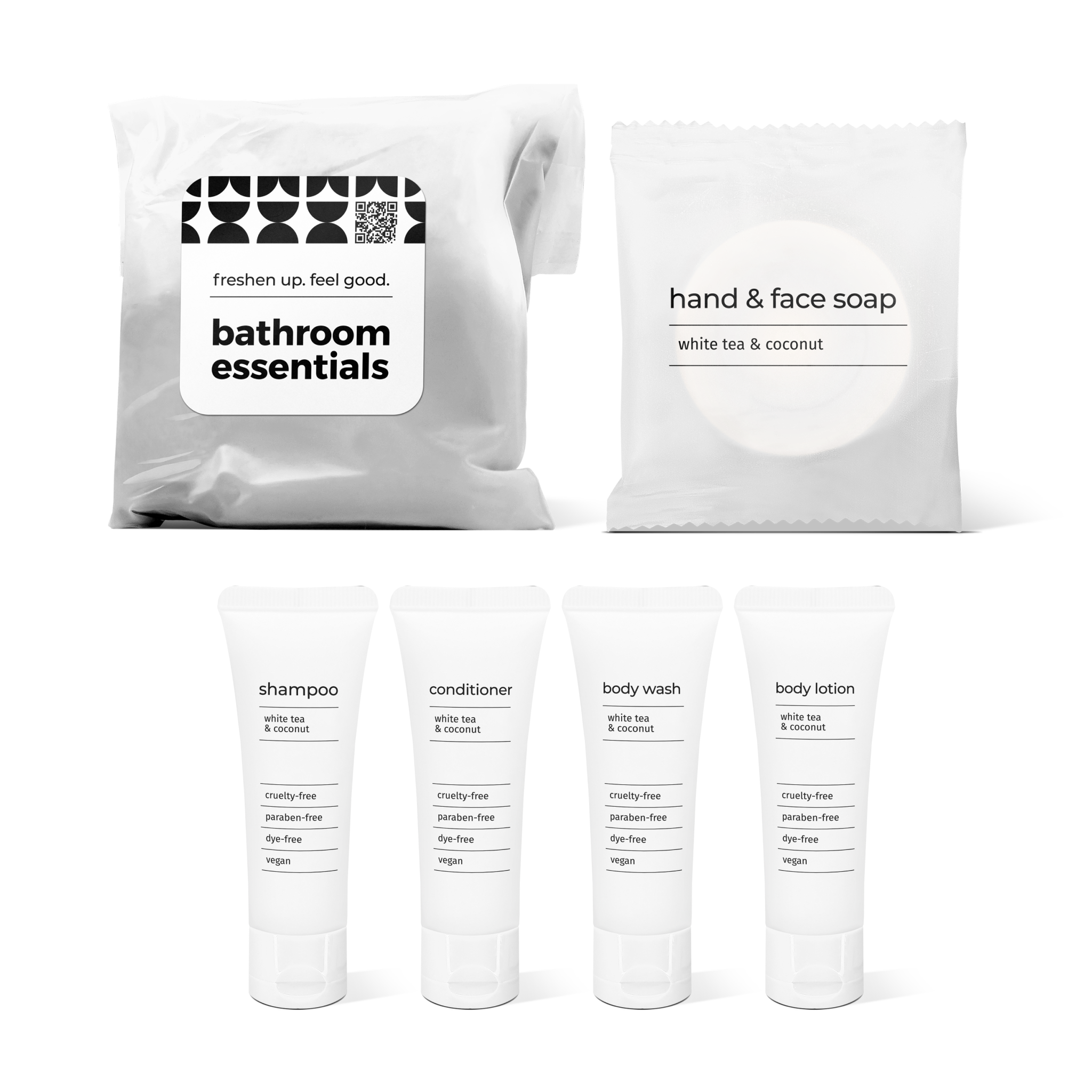 Bathroom essentials kit with shampoo, conditioner, body wash, body lotion, hand and face soap in a bag.