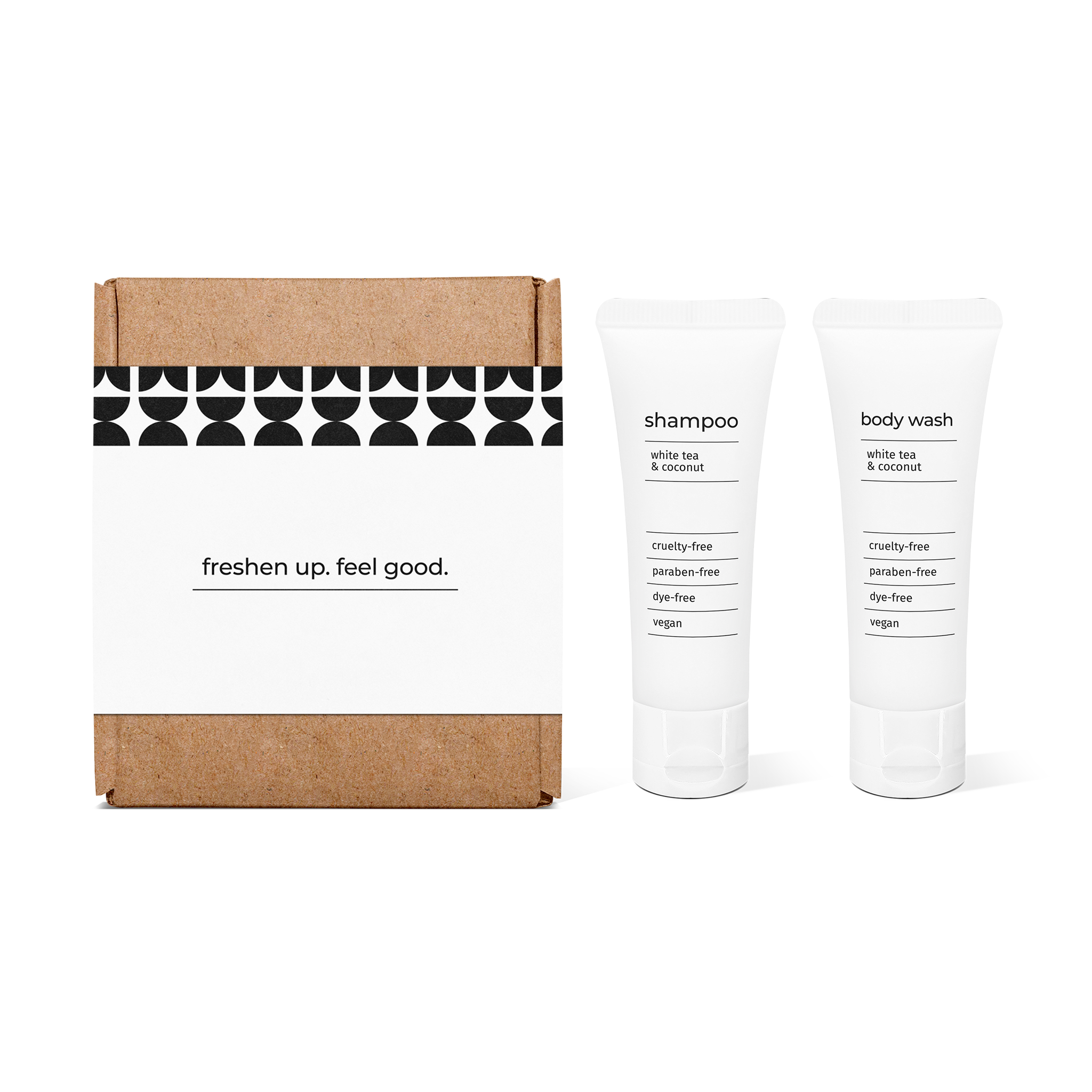 Bathroom amenities kit featuring shampoo and body wash in travel-size bottles in a box.