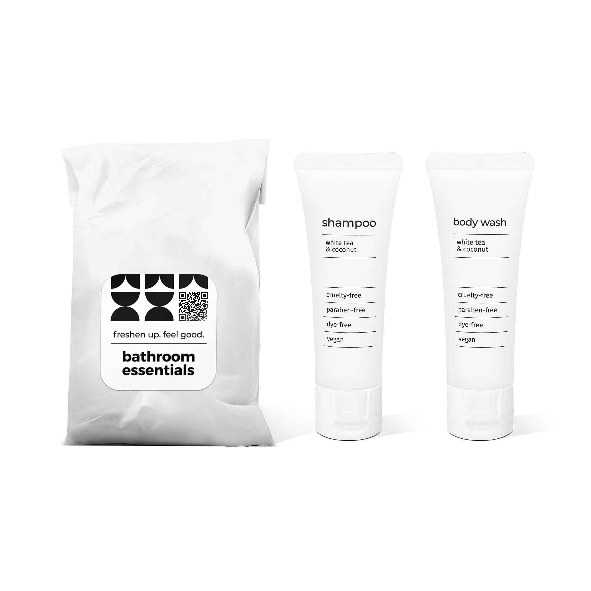 Bathroom amenities kit featuring shampoo and body wash in travel-size bottles in a bag.
