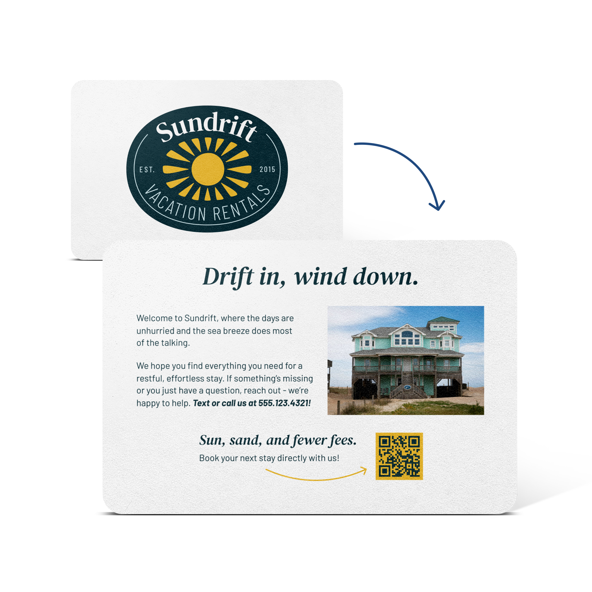 Rectangular, fully customizable welcome card, front and back