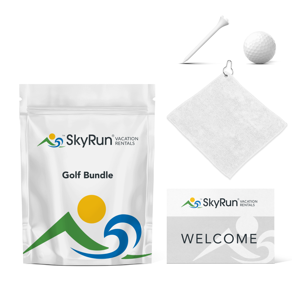 Golf bundle with SkyRun Vacation Rentals branding including a golf ball, towel, and a welcome card