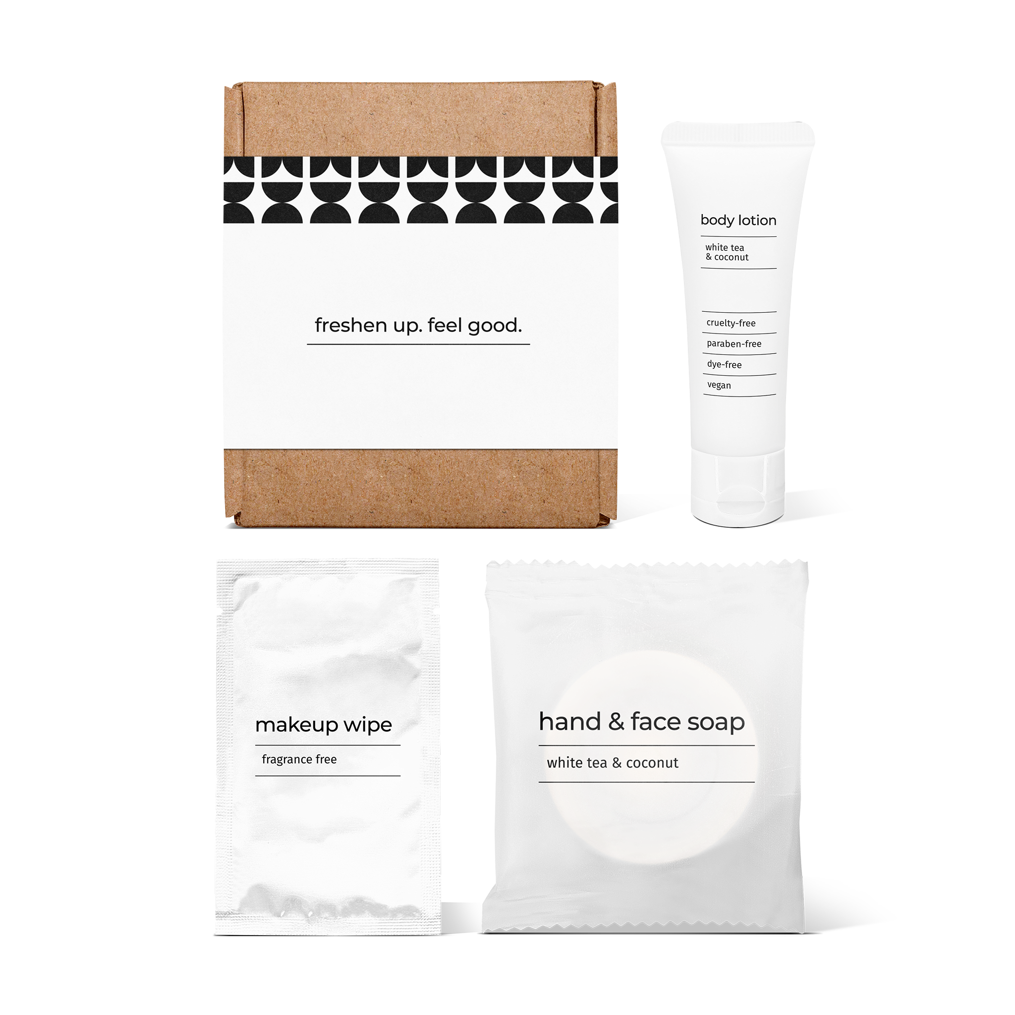 Luxury half bath amenity kit featuring hand and face soap, makeup wipe, and body lotion in a box.