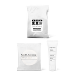 Half bath essentials kit with hand and face soap and body lotion in a bag.