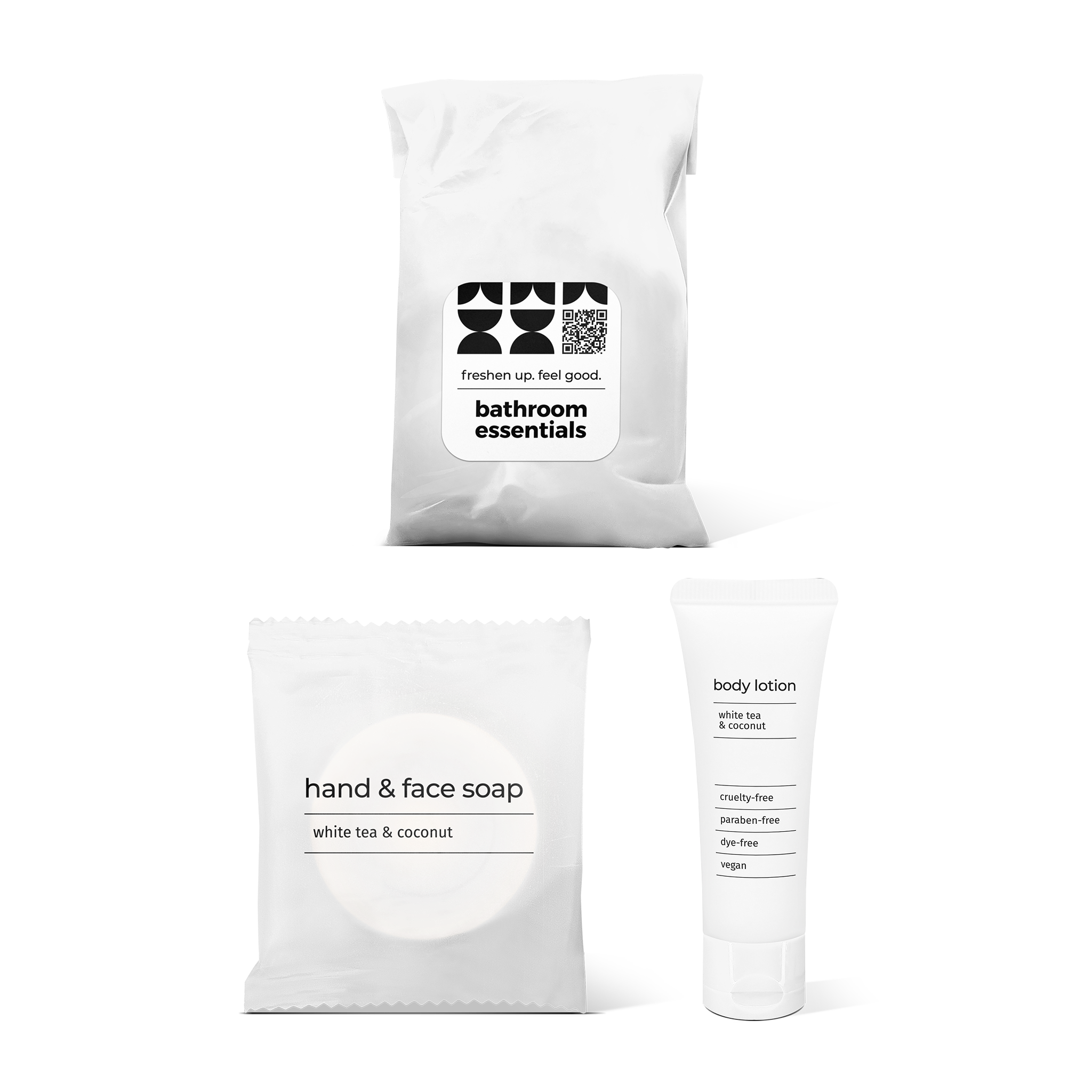 Half bath essentials kit with hand and face soap and body lotion in a bag.