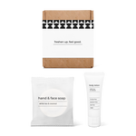 Half bath essentials kit with hand and face soap and body lotion in a box.