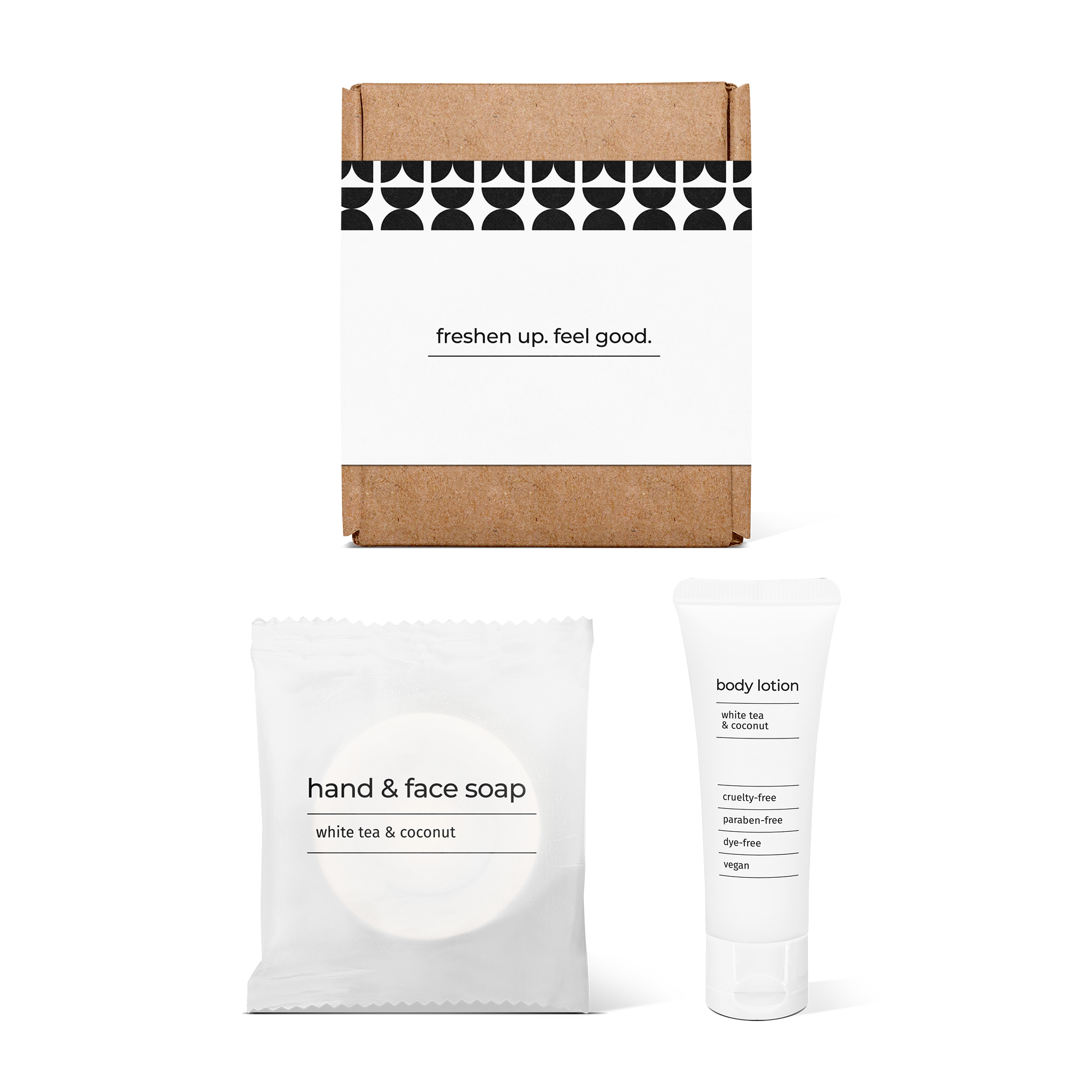 Half bath essentials kit with hand and face soap and body lotion in a box.