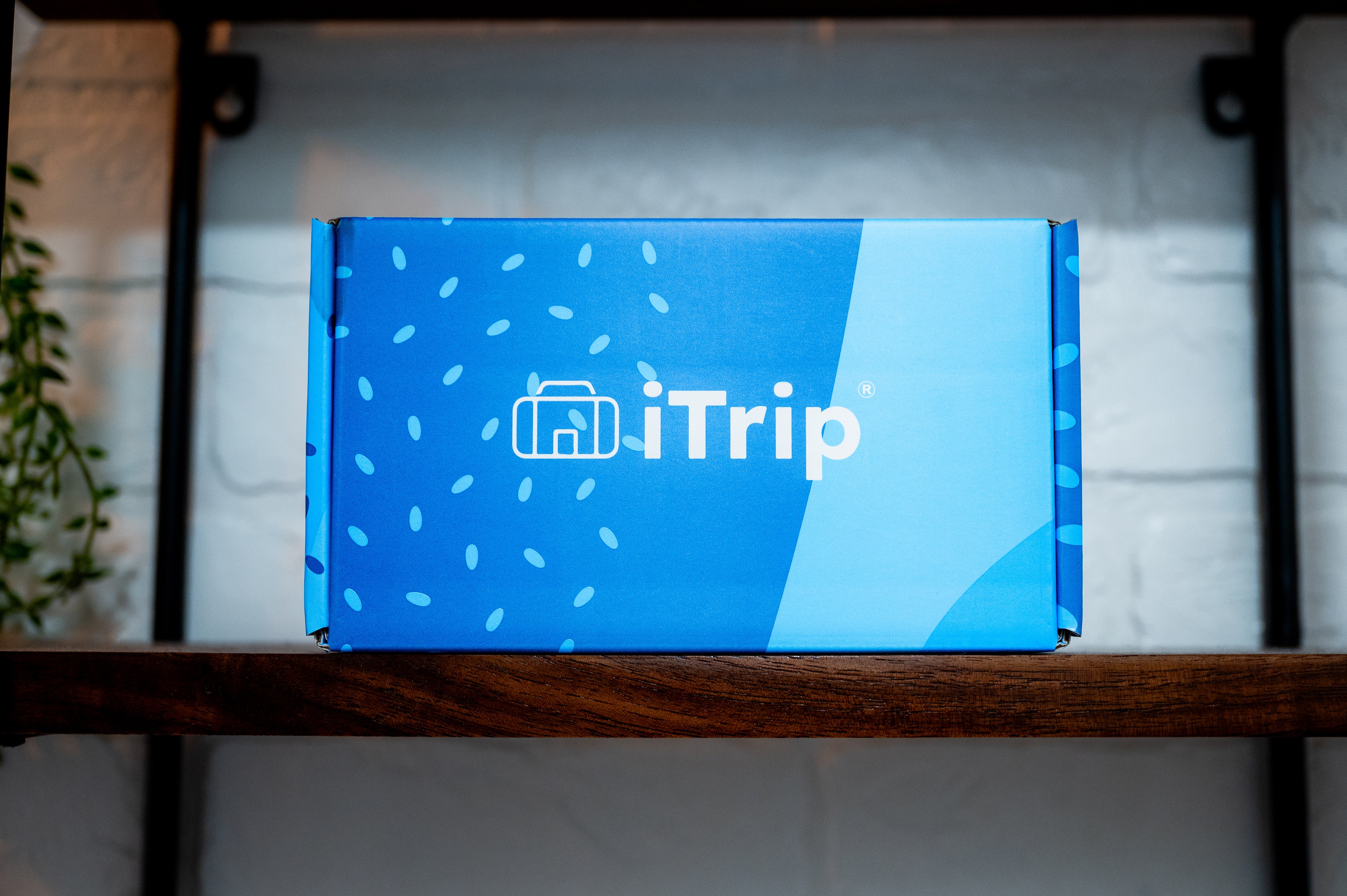 iTrip blue packaging box on wooden shelf with white wall background
