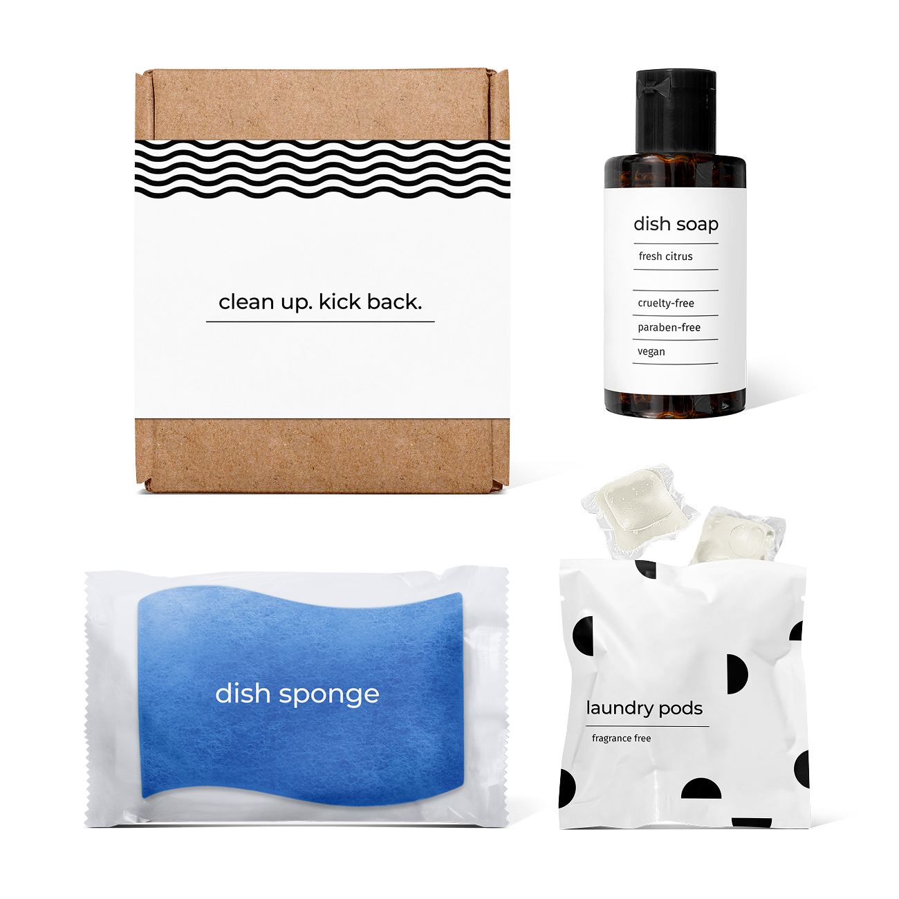 kitchen essentials kit with fresh citrus-scented dish soap, dish sponge, and laundry pods in a box.