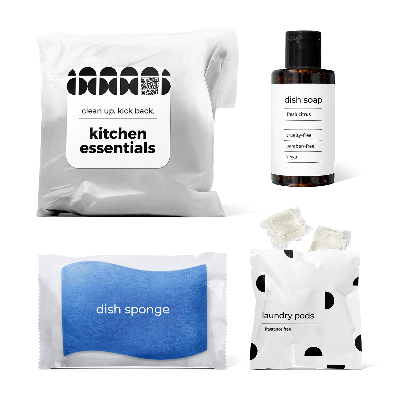 kitchen essentials kit with fresh citrus-scented dish soap, dish sponge, and laundry pods in a bag.