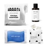 kitchen essentials kit with fresh citrus-scented dish soap, dish sponge, and laundry pods in a bag.