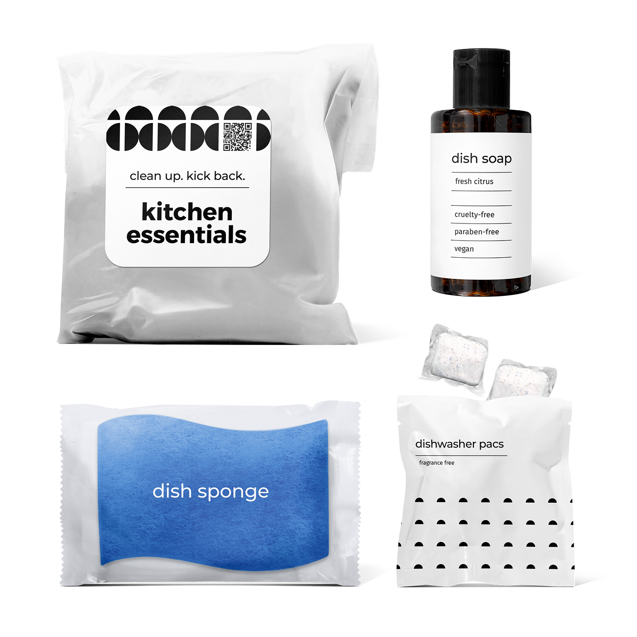 kitchen essentials kit including fresh citrus-scented dish soap, dish sponge, and dishwasher pacs in a box.