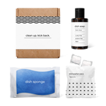 kitchen essentials kit including fresh citrus-scented dish soap, dish sponge, and dishwasher pacs in a box.