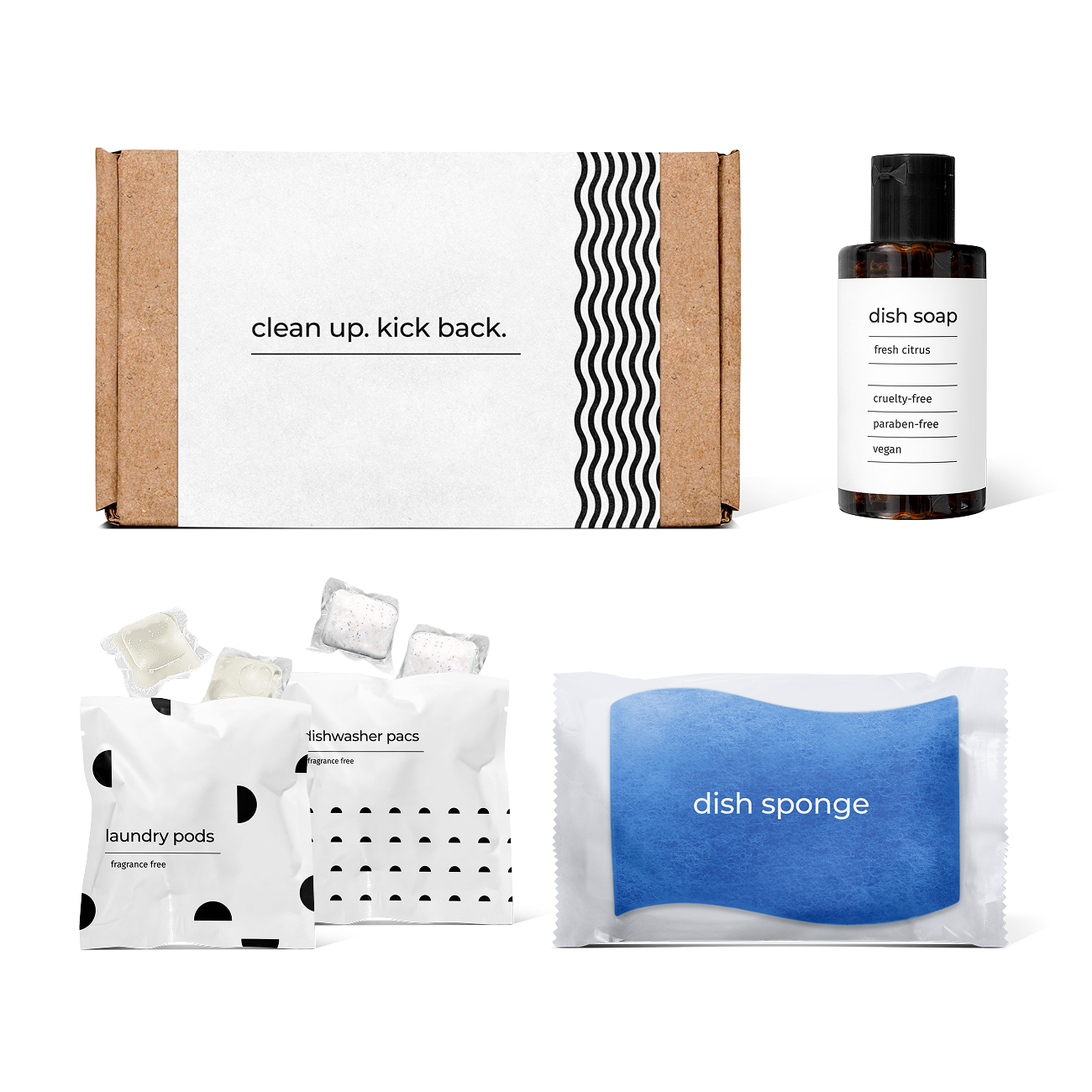kitchen essentials kit featuring fresh citrus-scented dish soap, dish sponge, laundry pods, and dishwasher pacs in a box.