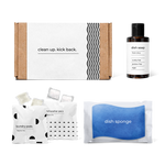 kitchen essentials kit featuring fresh citrus-scented dish soap, dish sponge, laundry pods, and dishwasher pacs in a box.