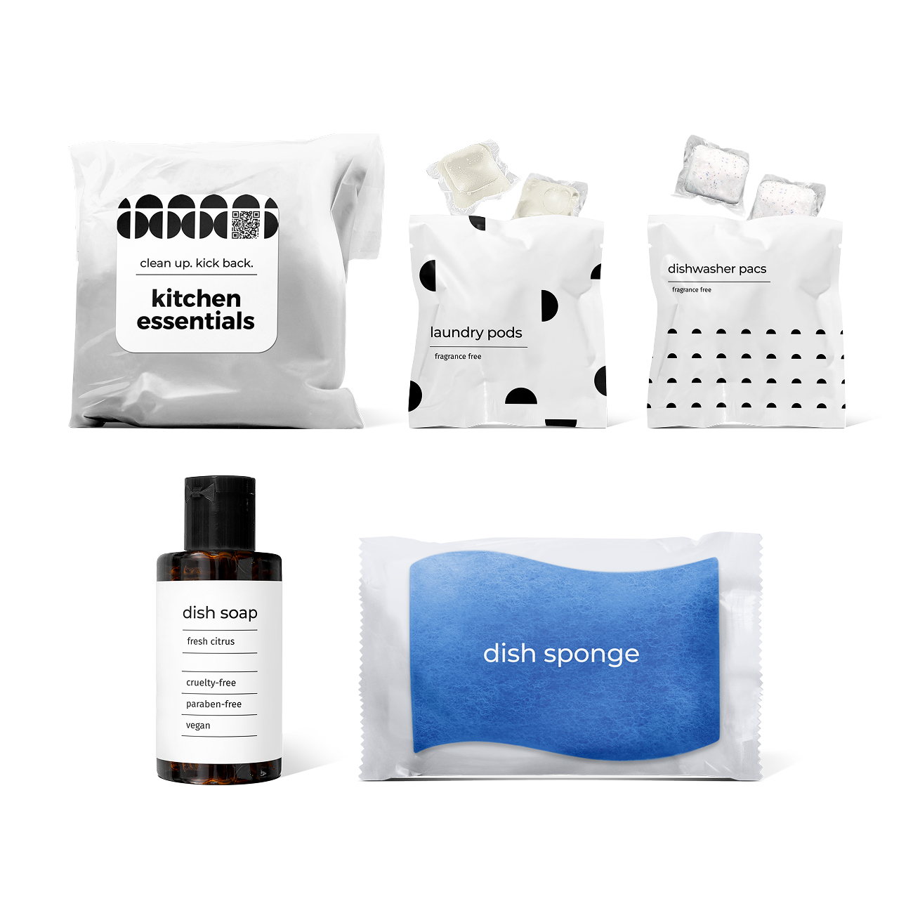 kitchen essentials kit featuring fresh citrus-scented dish soap, dish sponge, laundry pods, and dishwasher pacs in a bag.