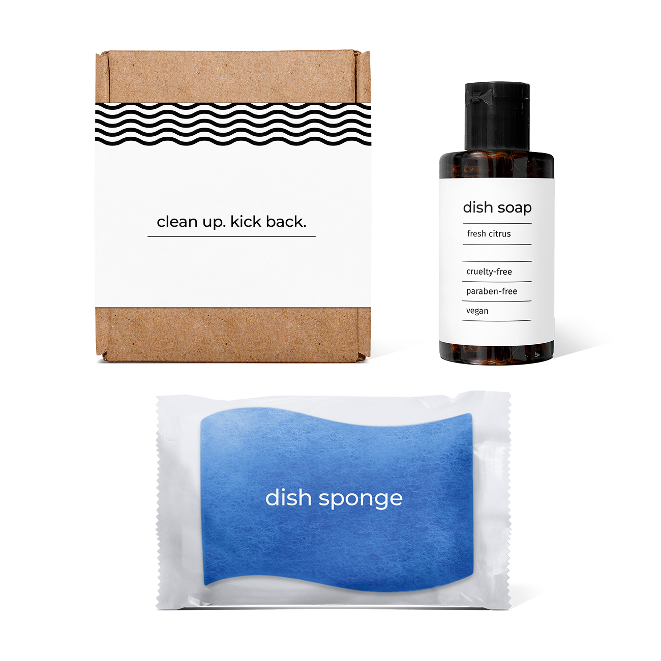 kitchen essentials kit with fresh citrus-scented dish soap and dish sponge in a box.