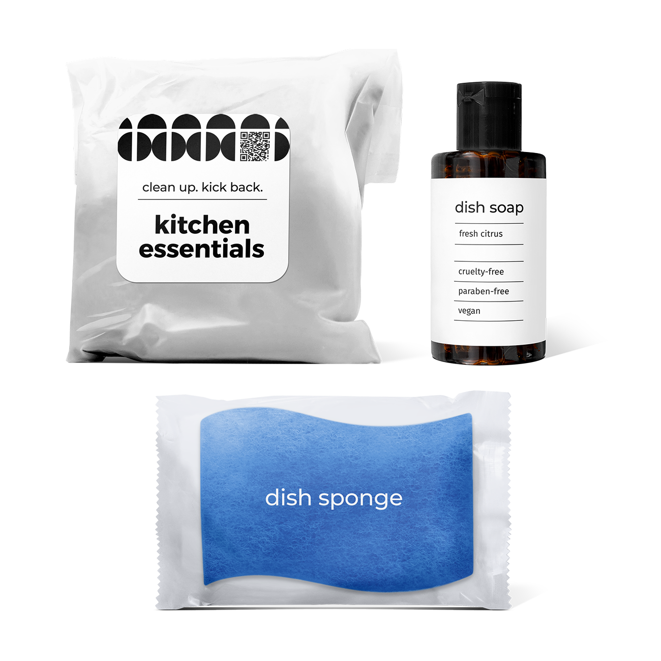 kitchen essentials kit with fresh citrus-scented dish soap and dish sponge in a bag.