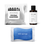kitchen essentials kit with fresh citrus-scented dish soap and dish sponge in a bag.
