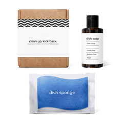 kitchen essentials kit with fresh citrus-scented dish soap and dish sponge in a box.