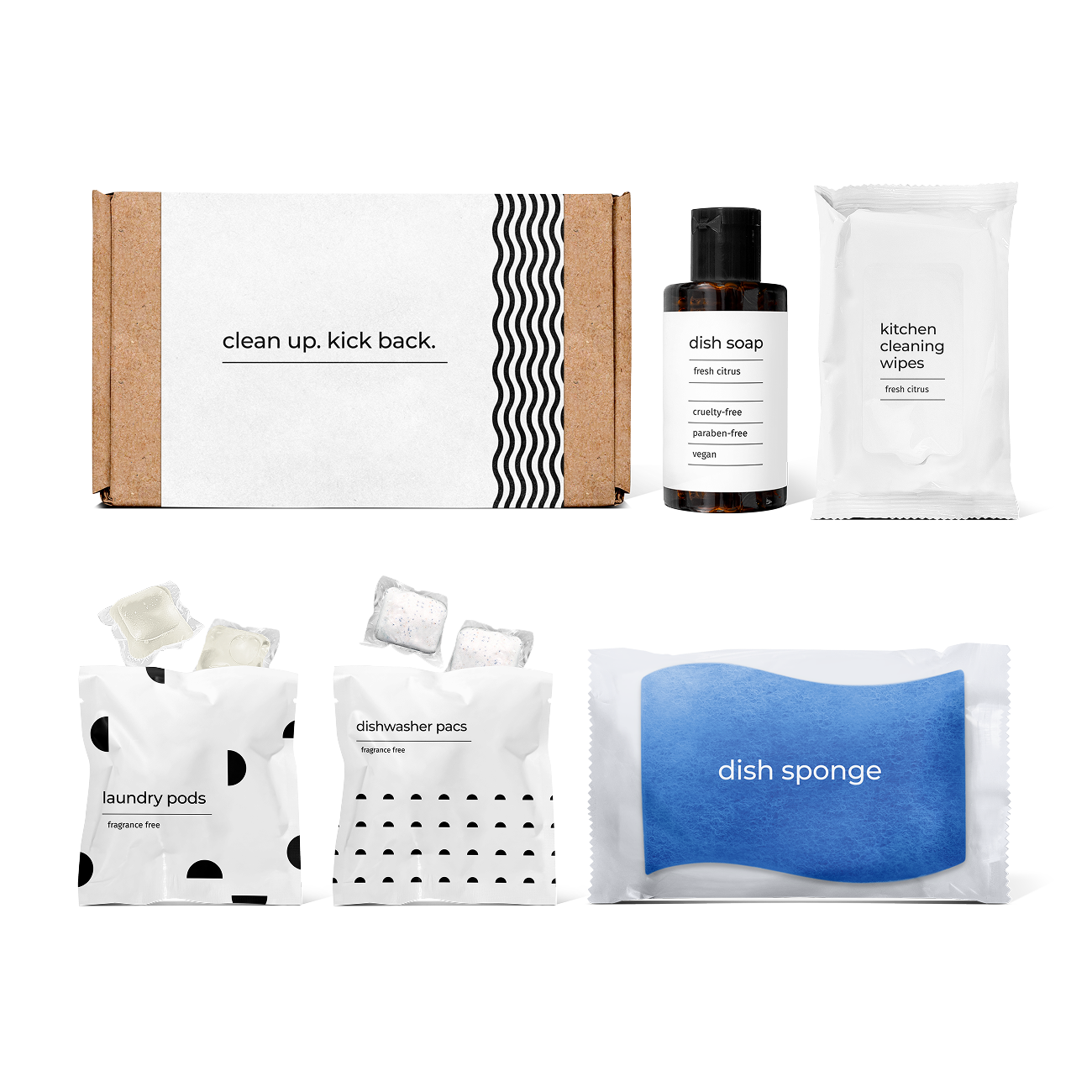 kitchen essentials kit including fresh citrus-scented dish soap, dish sponge, laundry pods, dishwasher pacs, and kitchen cleaning wipes in a box.