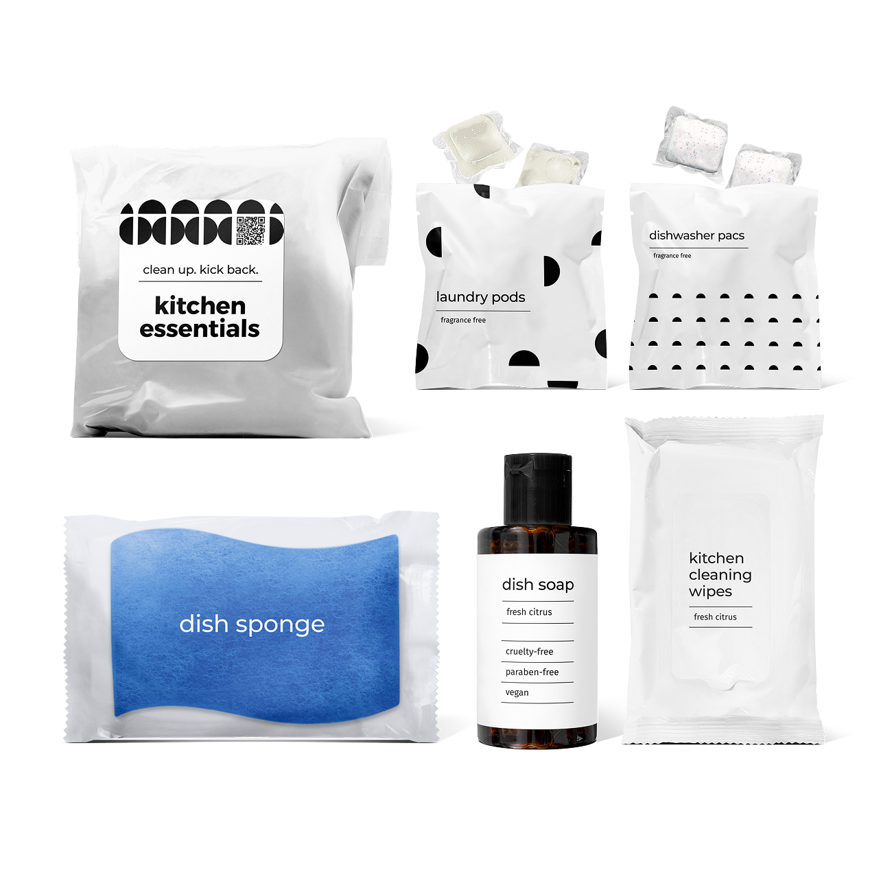 kitchen essentials kit including fresh citrus-scented dish soap, dish sponge, laundry pods, dishwasher pacs, and kitchen cleaning wipes in a bag.