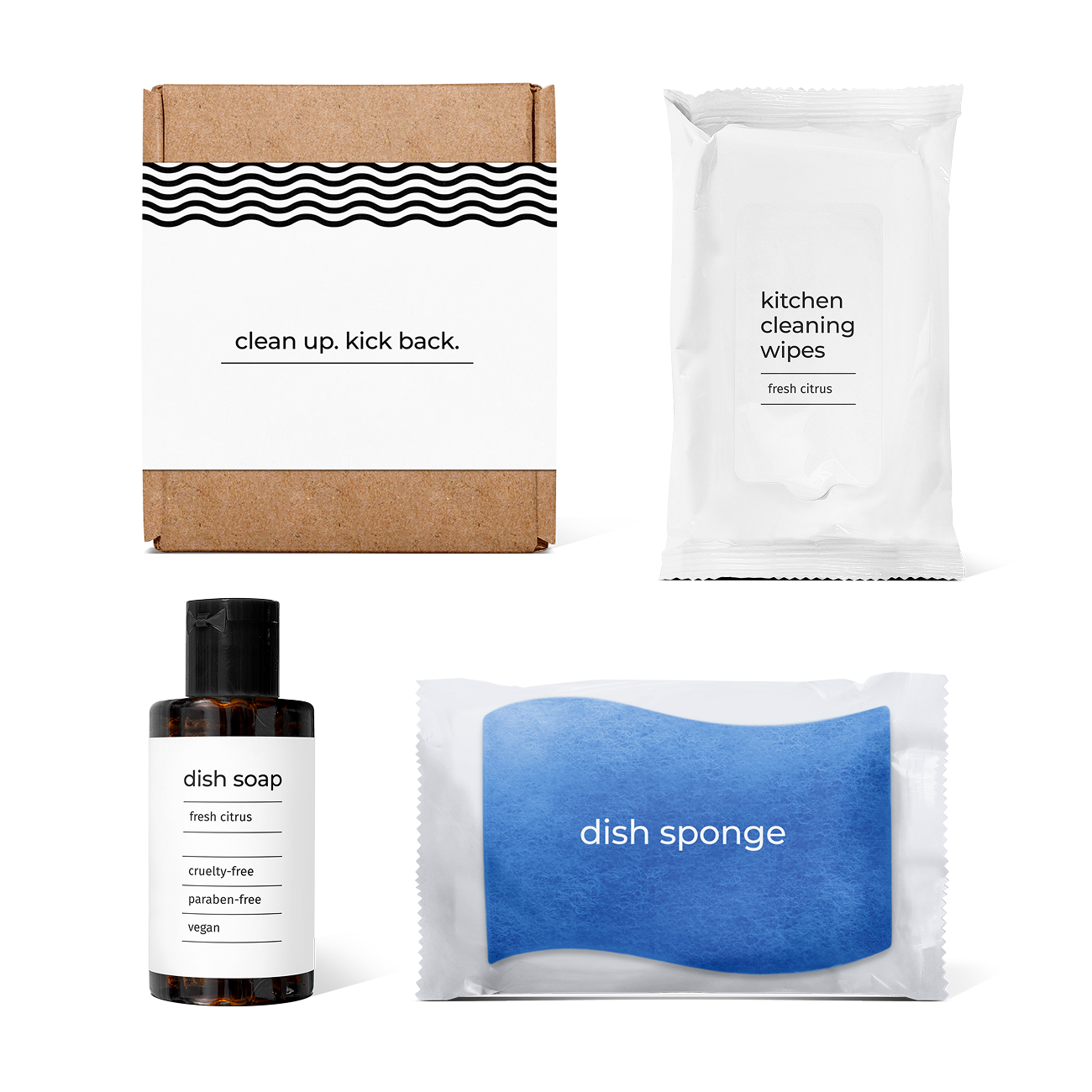 kitchen essentials kit with fresh citrus-scented dish soap, dish sponge, and kitchen cleaning wipes in a box.