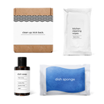 kitchen essentials kit with fresh citrus-scented dish soap, dish sponge, and kitchen cleaning wipes in a box.