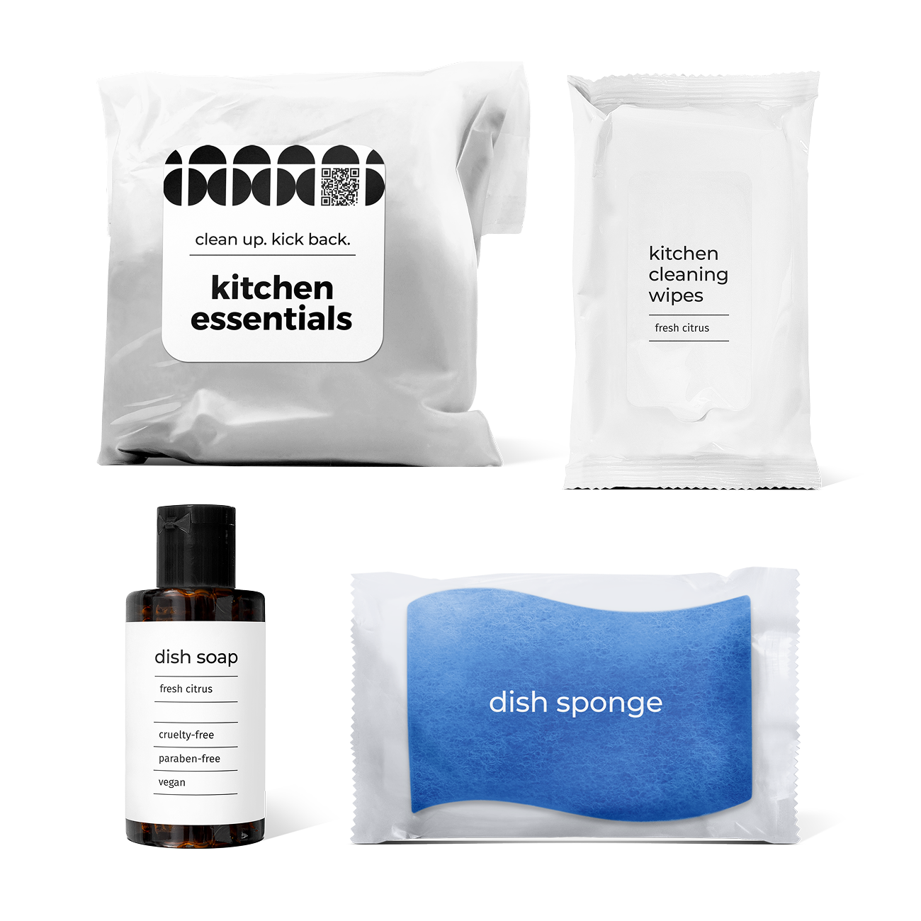 kitchen essentials kit with fresh citrus-scented dish soap, dish sponge, and kitchen cleaning wipes in a bag.