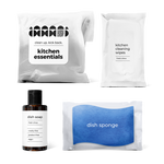 kitchen essentials kit with fresh citrus-scented dish soap, dish sponge, and kitchen cleaning wipes in a bag.