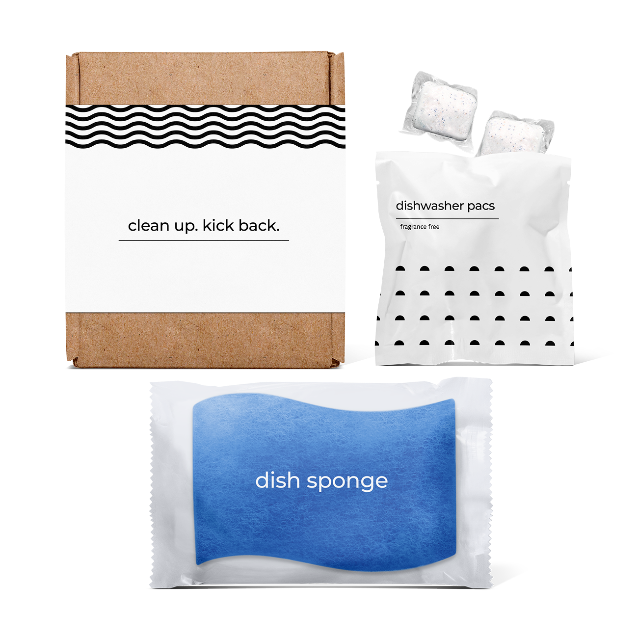 kitchen essentials kit including dishwasher pacs and dish sponge in a box.
